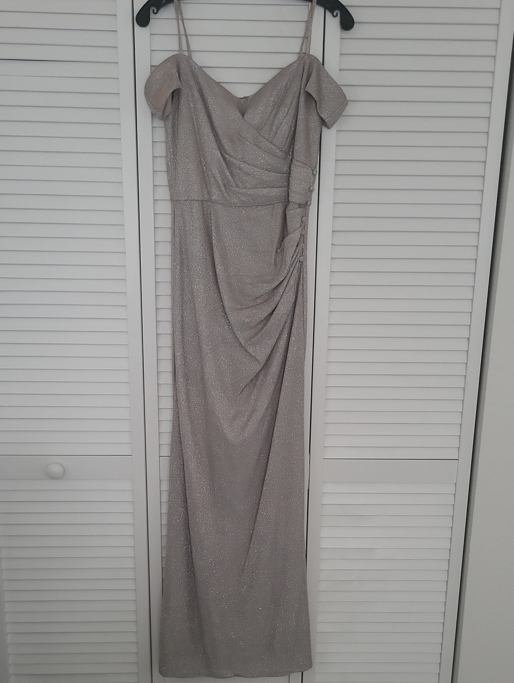 Oleg Cassini Shimmery Silver Off-Shoulder Maxi Gown Size 4